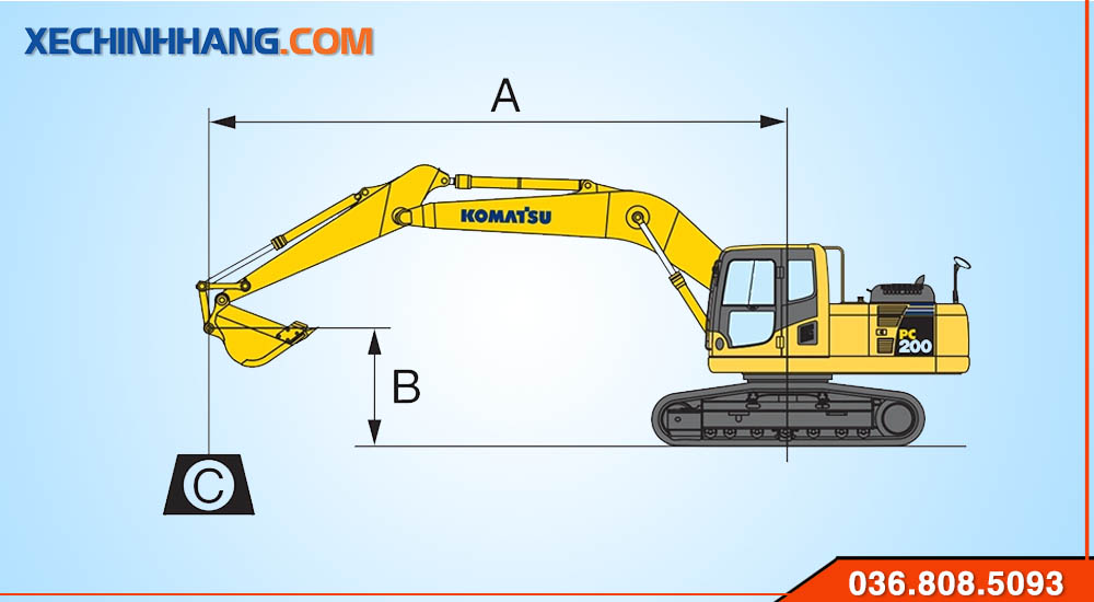 Kích thước máy đào Komatsu 200-8